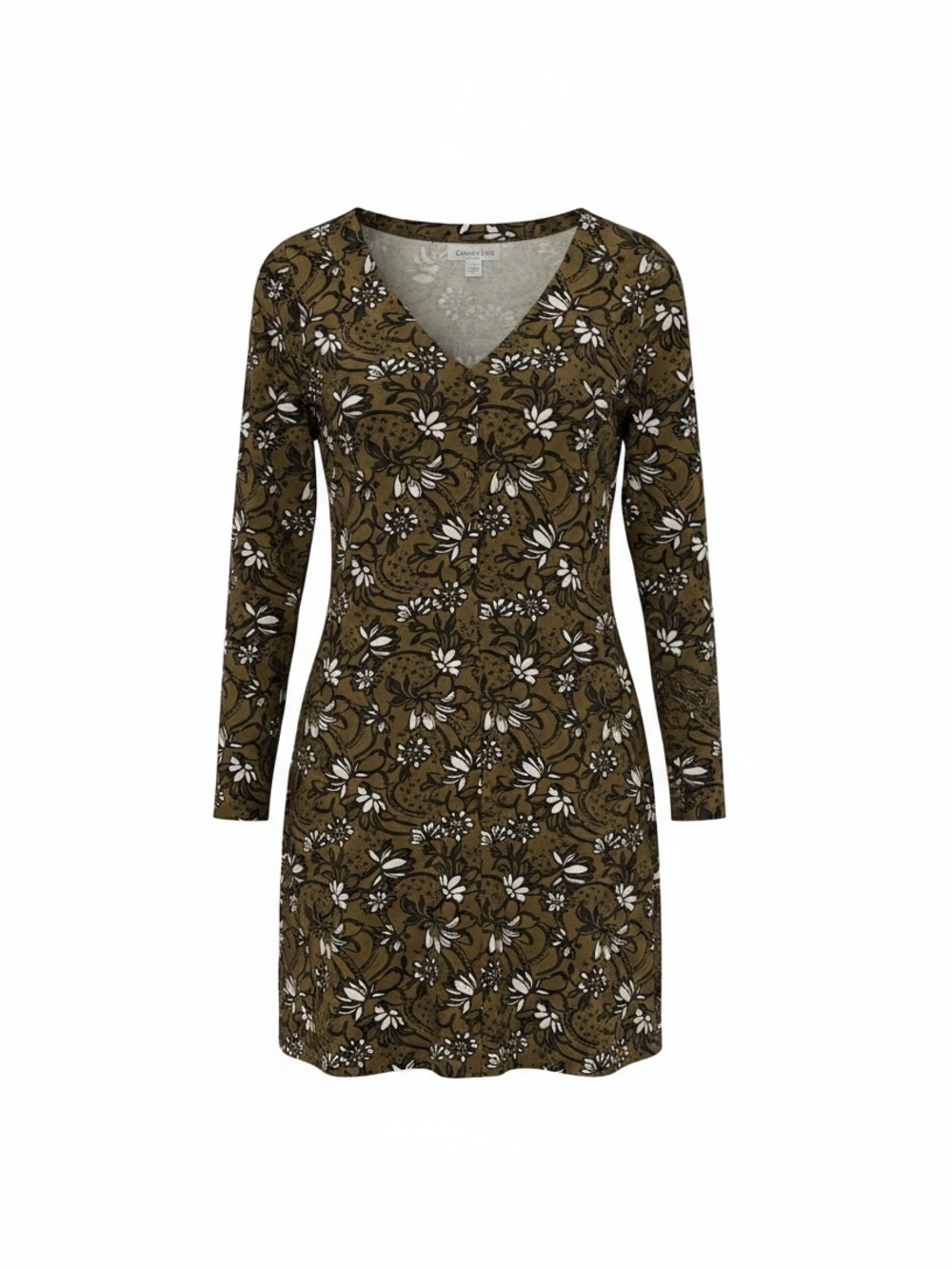 Garnet Hill Olive Green Dark Earthy Floral V-Neck Button Down Long Sleeve Dress